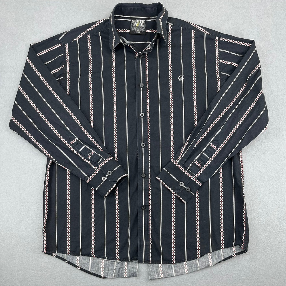Southpole Mens XL Black Vertical Geometric Stripe Long Sleeve Button Shirt Y2K